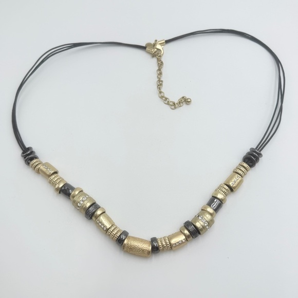 Chico’s Chunky Gold-Tone Bead Necklace on Leather Cord with Rhinestones - Picture 3 of 8